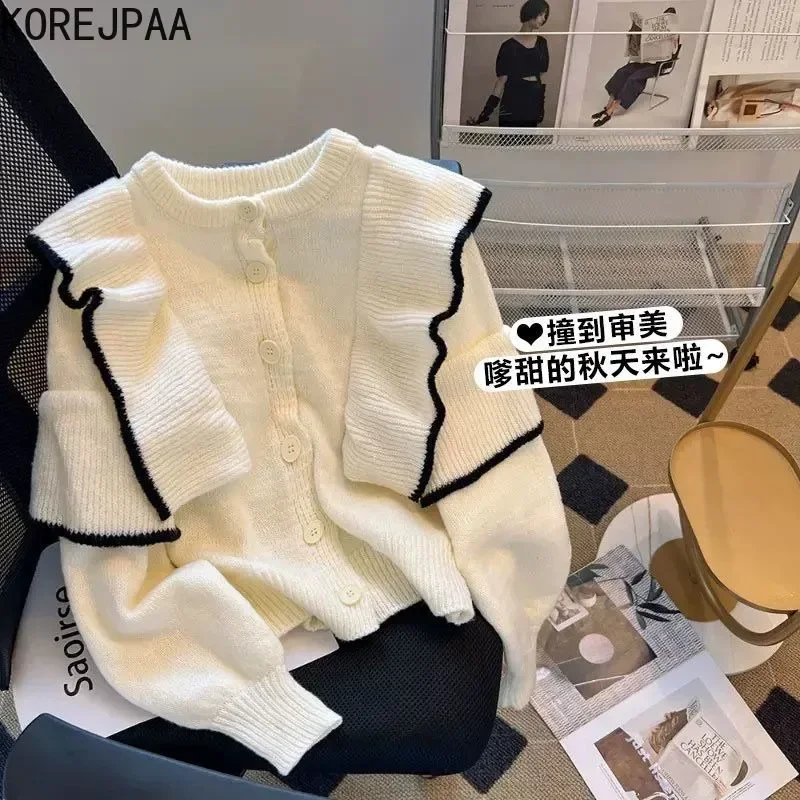 Korejpaa Contrast Ruffles Patchwork Cardigans Women Korean Style Gentle Sweet Sweater Coat Outwear Single Breasted Ladies Tops