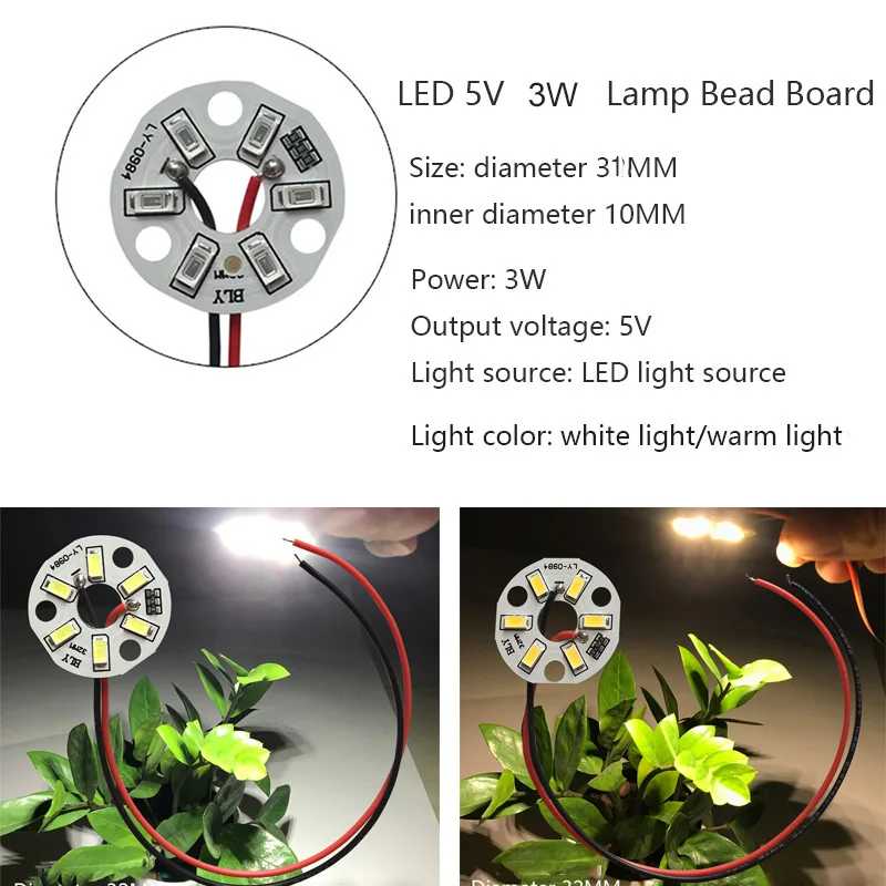 Venda quente 1 pçs placa de luz led dc5v 3w 6 leds smd5730 lâmpada redonda fonte luz grânulo diâmetro 31mm com 20cm fio quente/luzes brancas