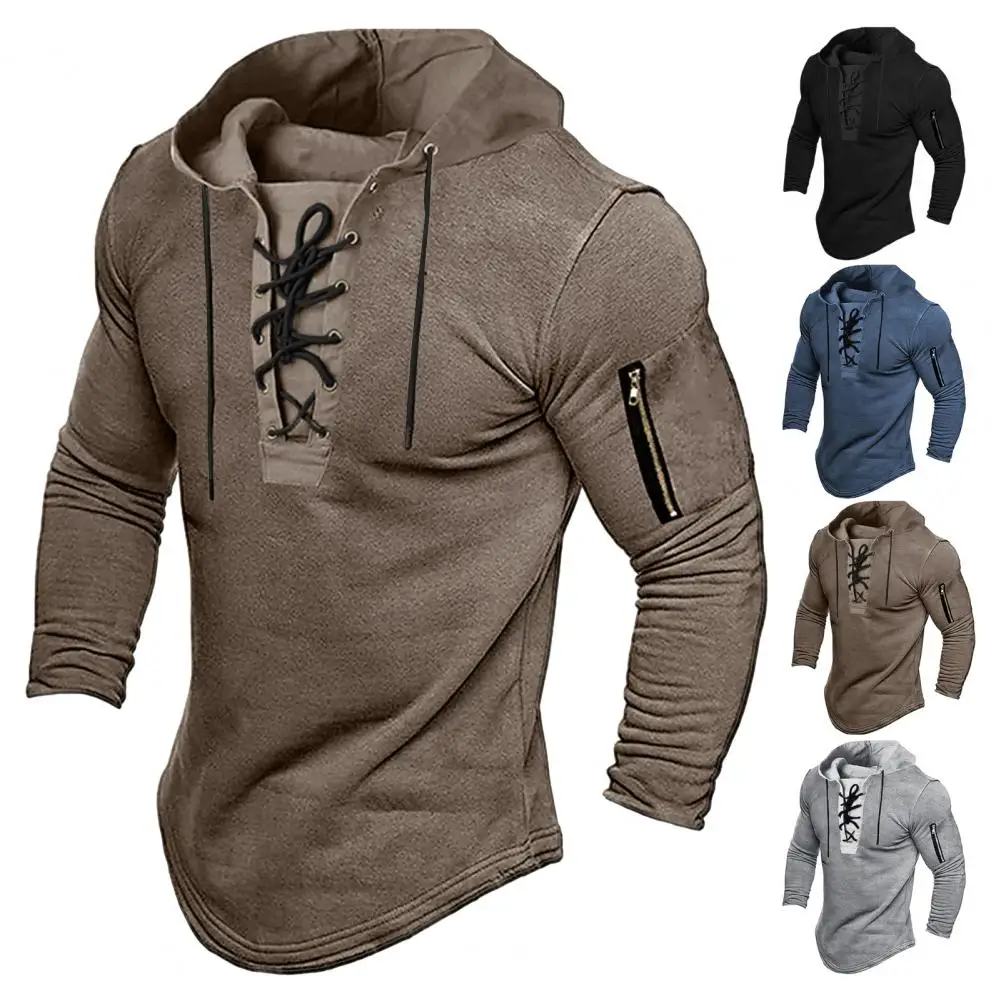 Men Solid Color Hoodie Long-sleeved Men Hoodie Vintage Lace Up Hoodie for Men Stylish Zipper Decor Pullover Top with for Spring