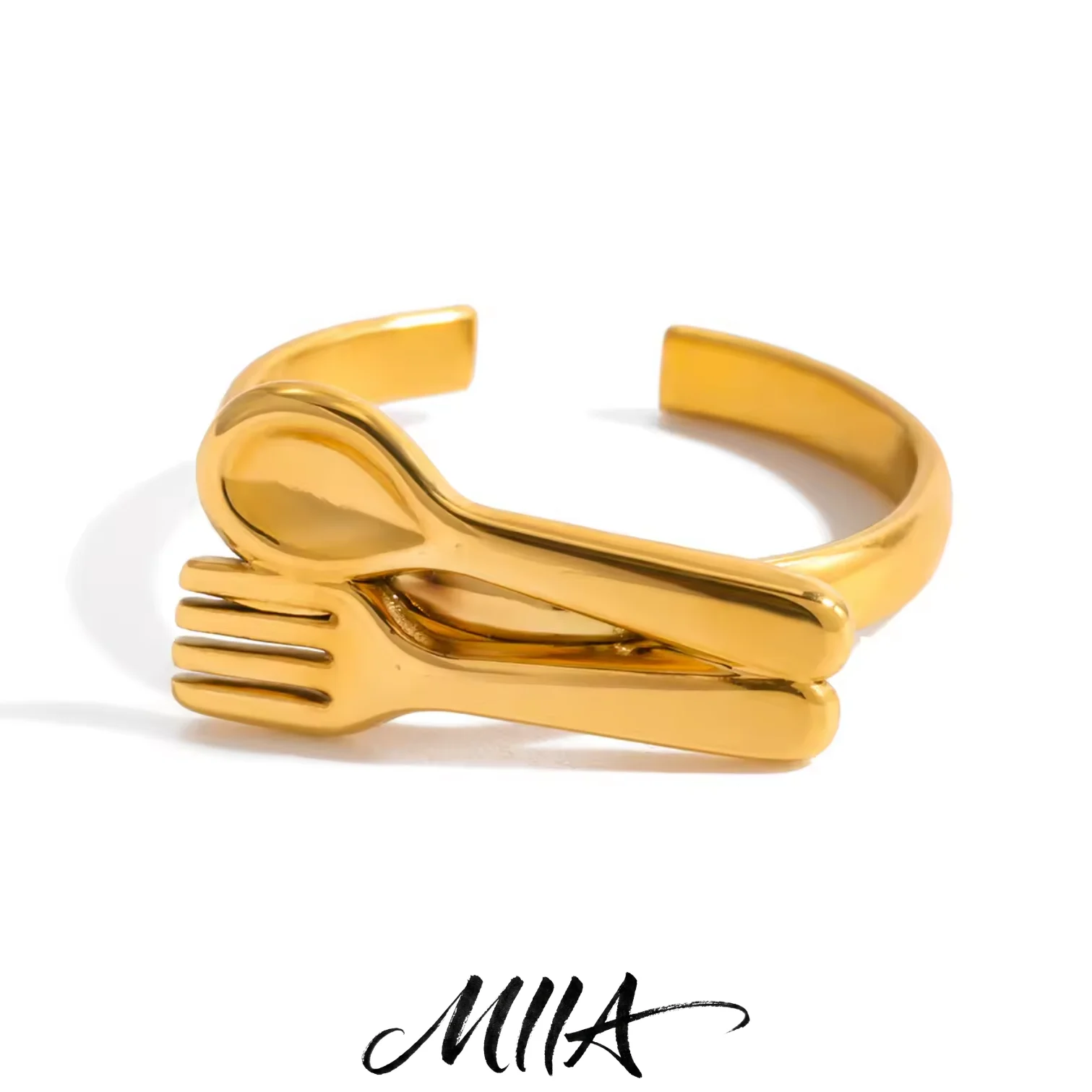 Miia 18K Gold Plated Stainless Steel Statement Spoon Shape Open Chunky Ring for Woman Waterproof Personality Minimalist Jewelry