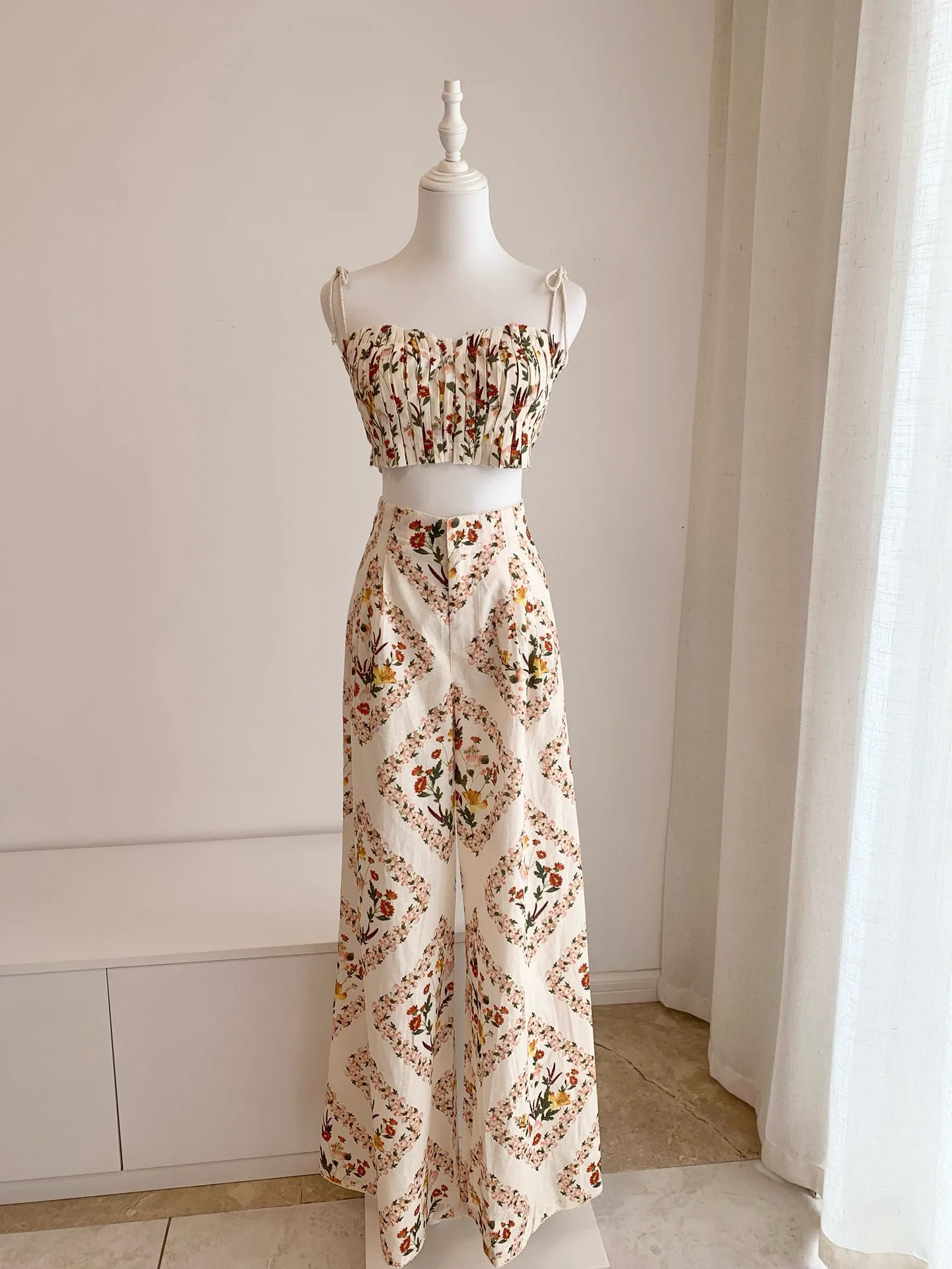 

Women Flower Print 100% Linen Set 2025 New Sleeveless Sexy Camisoles Top + High Waist Wide Leg Pants Casual Ladies Suits