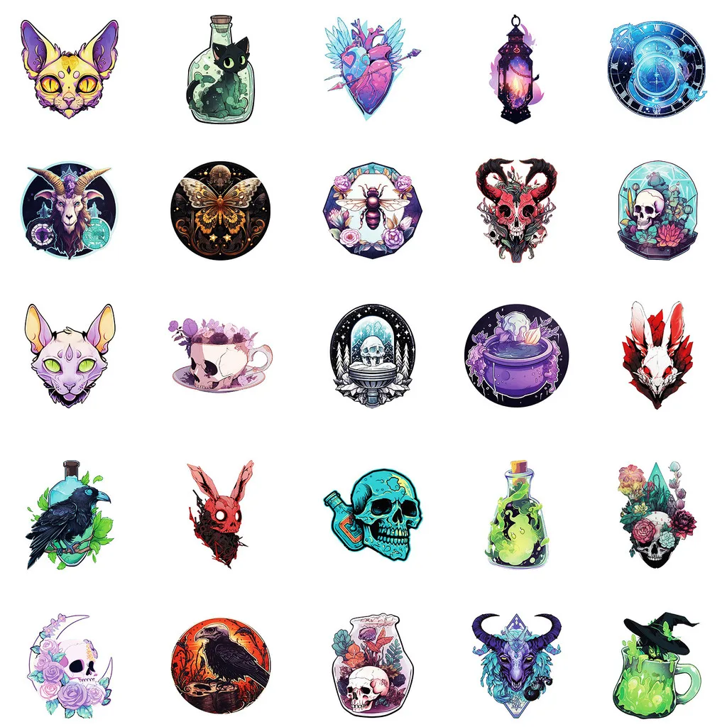 50PCS Magical Witch Gothic Skull Graffiti Stickers for Bicycle Hand Account Pencil Case Decals