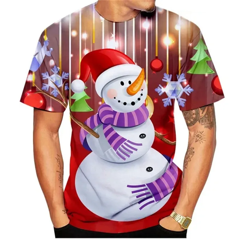 Santa Claus And Christmas Snowman Pattern Men's Street Hip Hop T-Shirts Short Sleeve 3D Print Christmas Festival Tops Plus Size