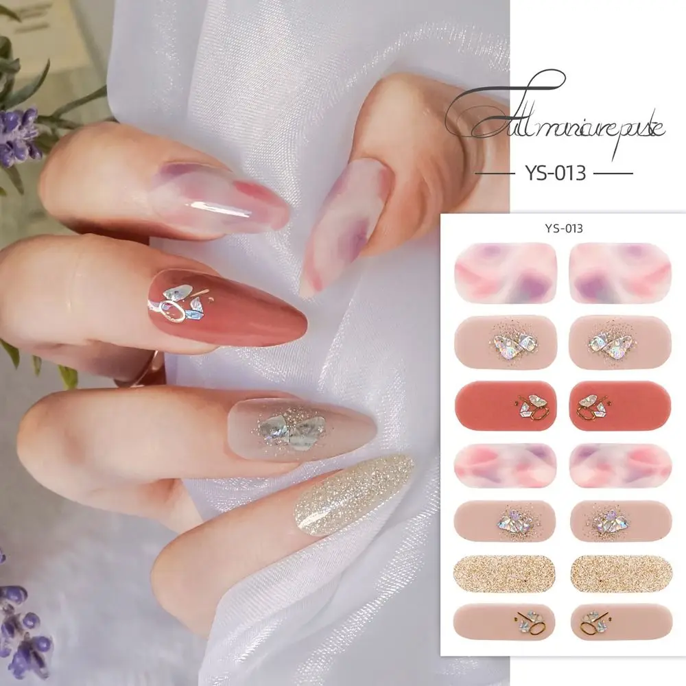 

14 Strips Semi Cured Gel Nail Stickers Full Cover French Nail Art Gel Full Nail Wraps Glittering Nail Art Stickers