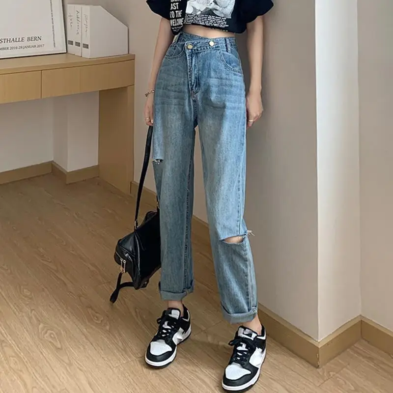 

Женские джинсы с высокой талией и дырками, свободные прямые брюки, шикарные гонконгские сле, летнее новое поступление, эффективность похудения