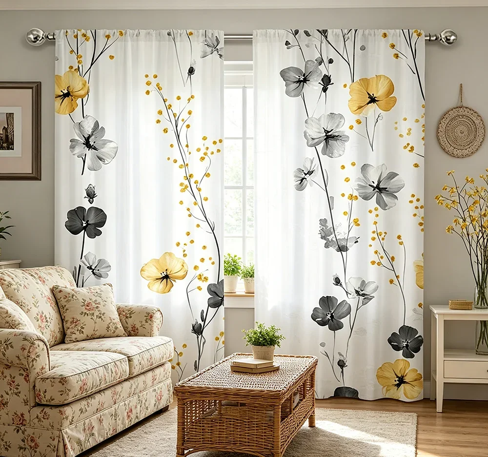 2PCS Digital Printed Curtains, Gray Leaf Yellow Flower Autumn Botanical, Modern Home Decor Style for Living Room Bedroom Decor