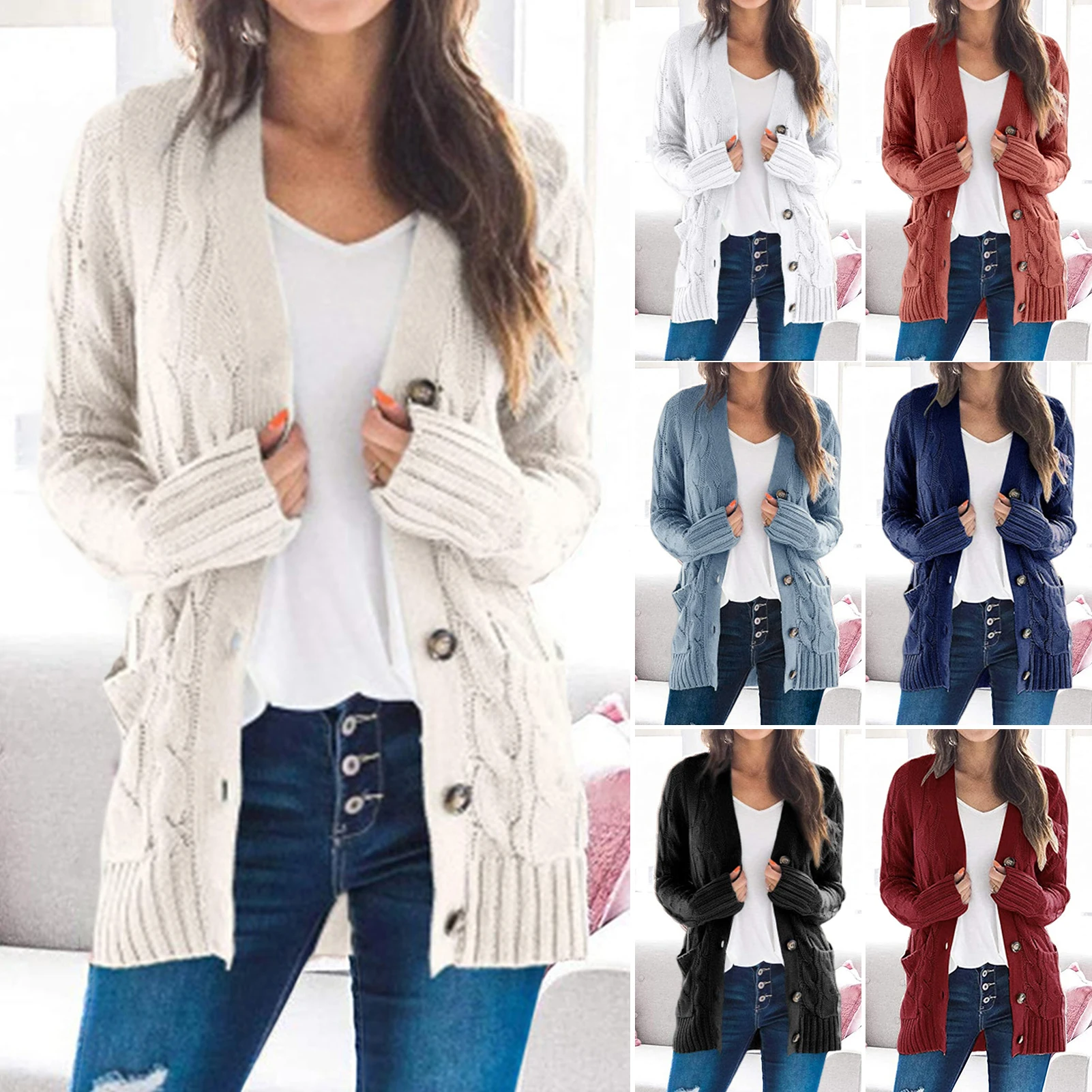 Knit Button Front Cardigan, Casual Solid Long Sleeve Cardigan For Fall & Winter, Women\'s Clothing