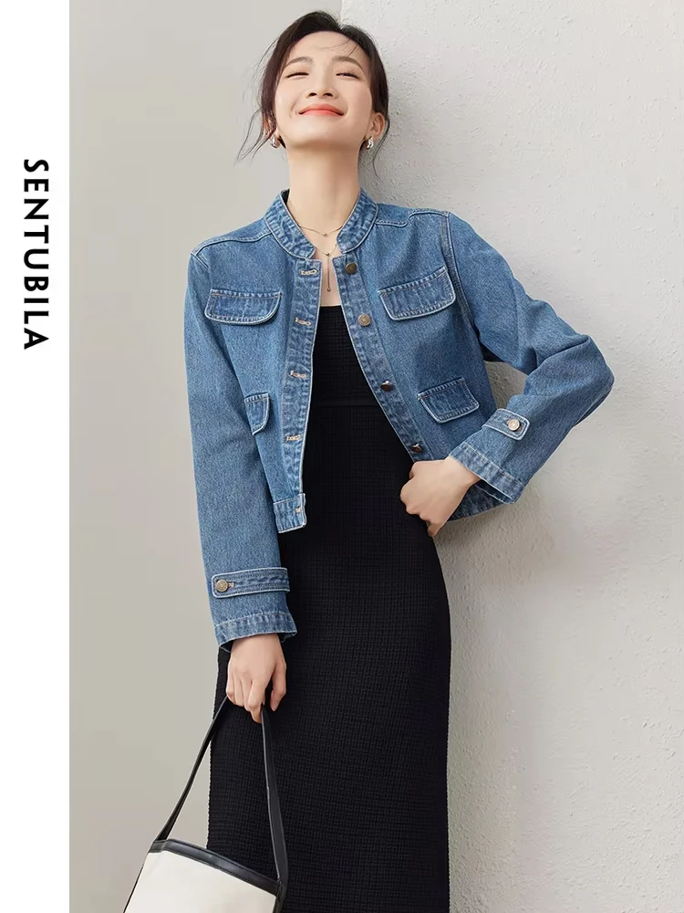 SENTUBILA Short Denim Jacket Fall 2024 Fashion Women Long Sleeve Tops Blue Cotton Jeans Jacket Woman Clothing New in Outerwears