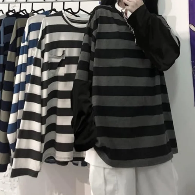 Y2k Gestreiftes Sweatshirt Tops Patchwork Gothic Grunge Langarm Übergroßes T-Shirt Harajuku Streetwear Academia Hip Hop T-Shirt