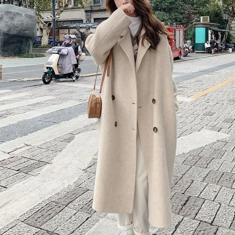 

Women's Loose Pink Wool Coat Double Faced Velvet Medium Long Design Regular Shoulder Korean Version Suitable for Petite Figures