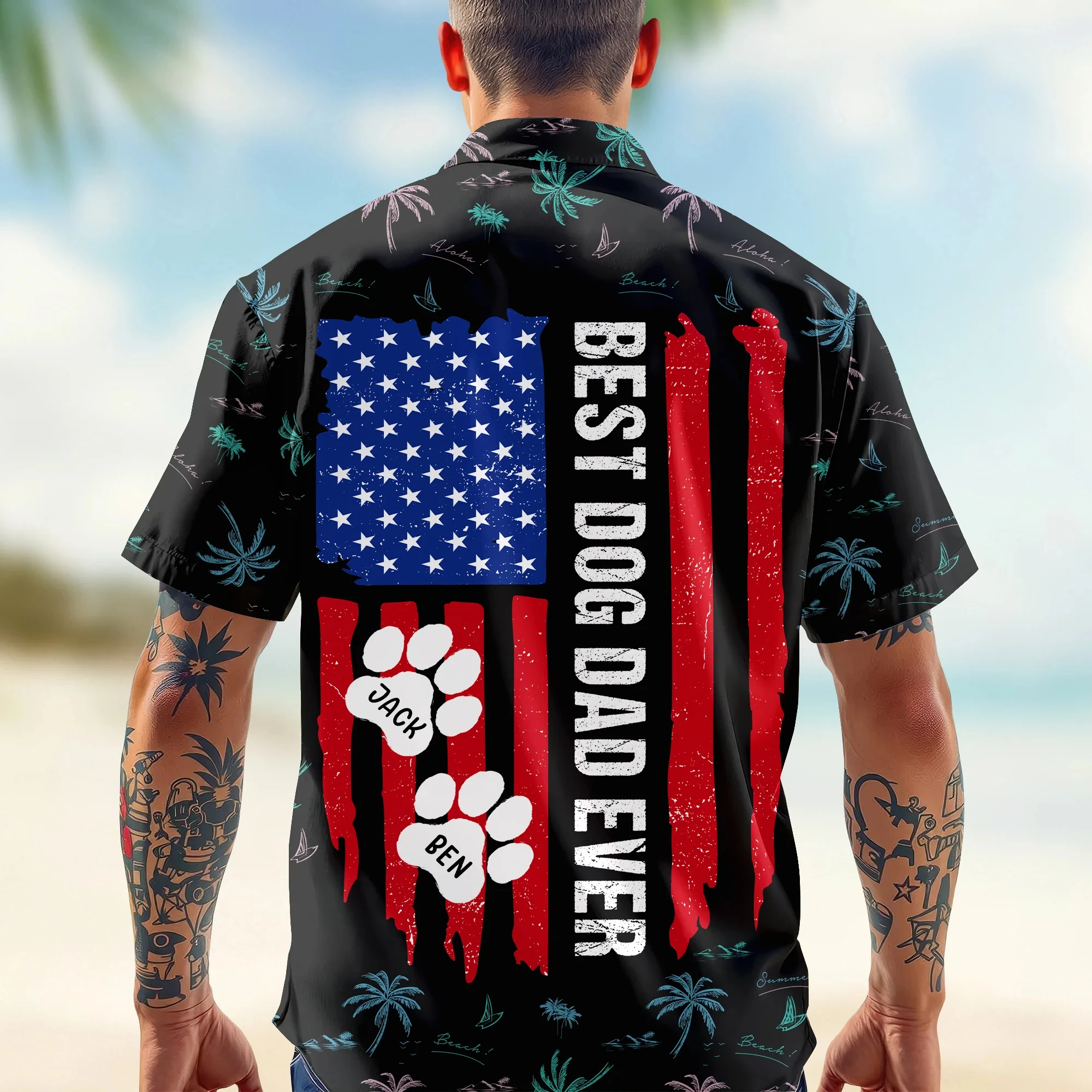 

Personalized Dog Dad American Flag Hawaiian Shirt Custom Dog Name And Paw Print Tropical Plants New Aloha Shirt For Dog Lovers