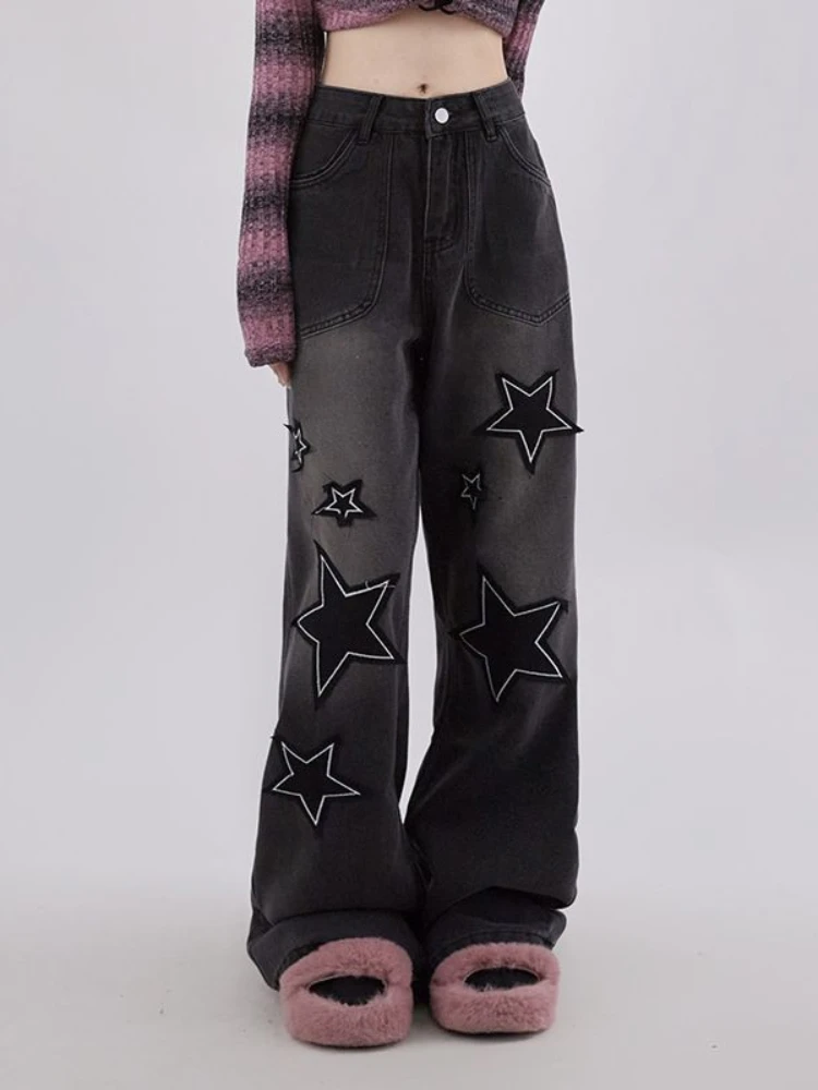 HOUZHOU Y2K Goth Star Black Baggy Jeans Women Cyber Punk Retro 90s Streetwear Denim Pants Vintage Hippie Grunge Wide Trousers