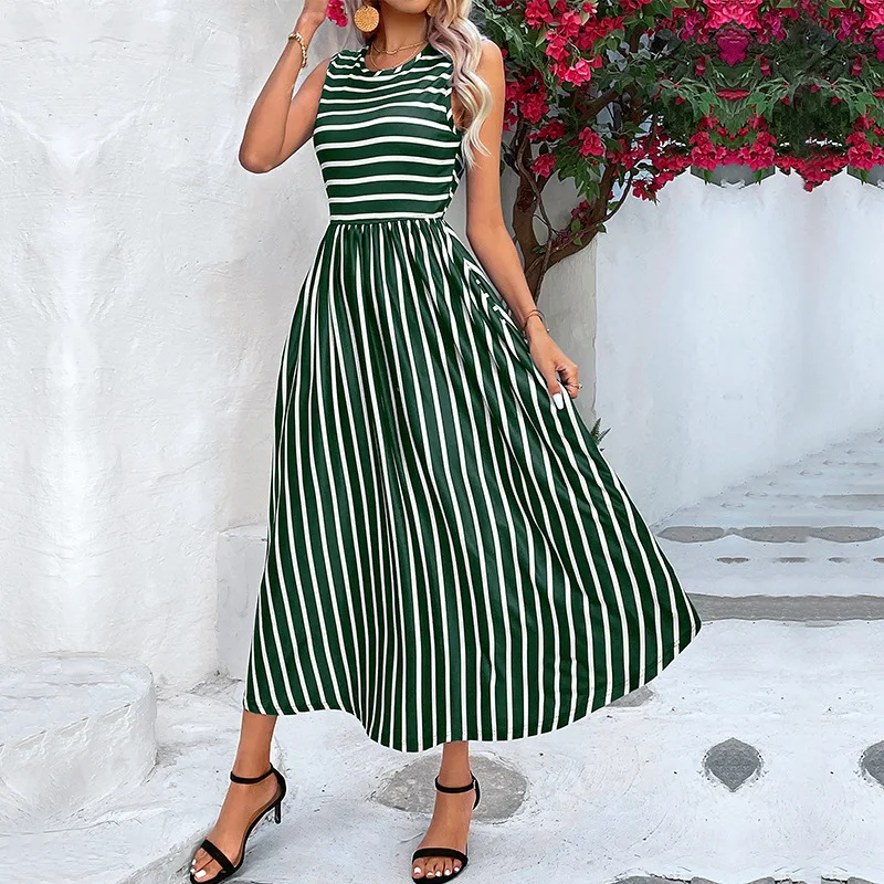 Long Dress Women Dresses A Line Striped Vestidos High Waist Round Neck Sleeveless Elegant Splice Y2k Party Club Summer 2025