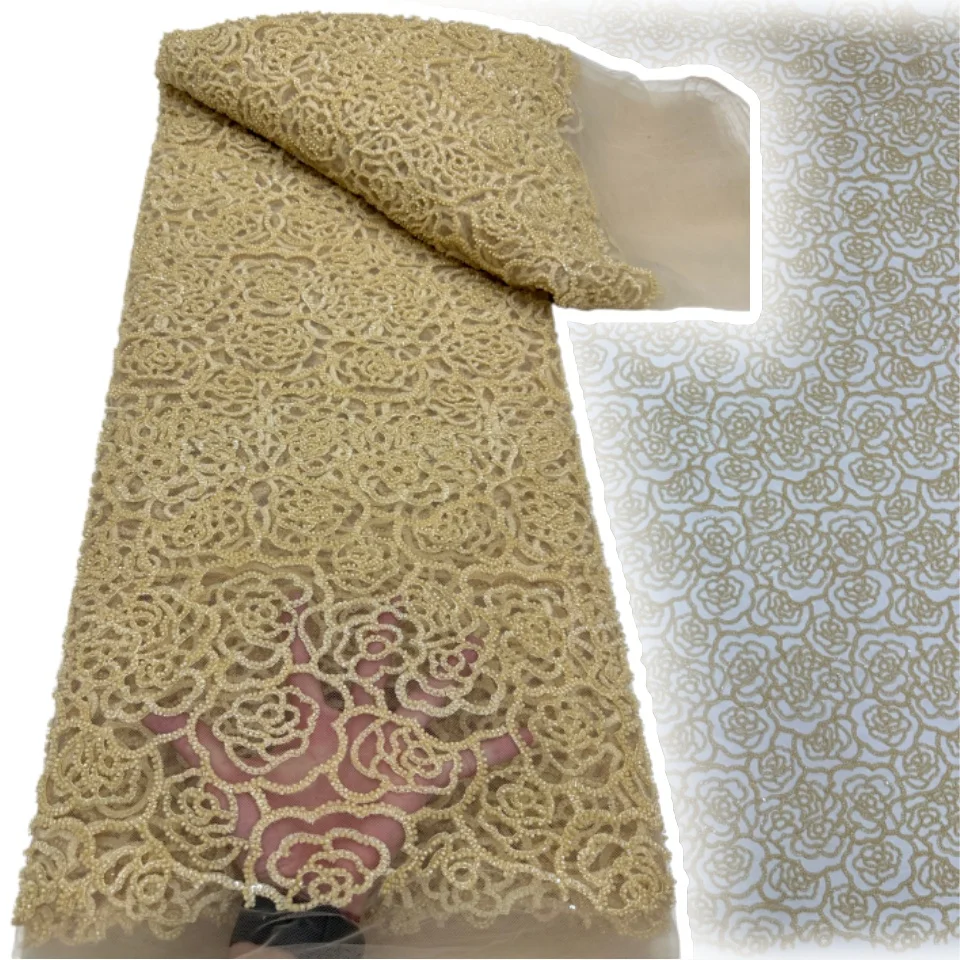 African Beaded Lace Fabric Rose Embroidered Fabric 2026 High Quality Groom Tulle French Lace for Wedding Party Dress Sewing 3047