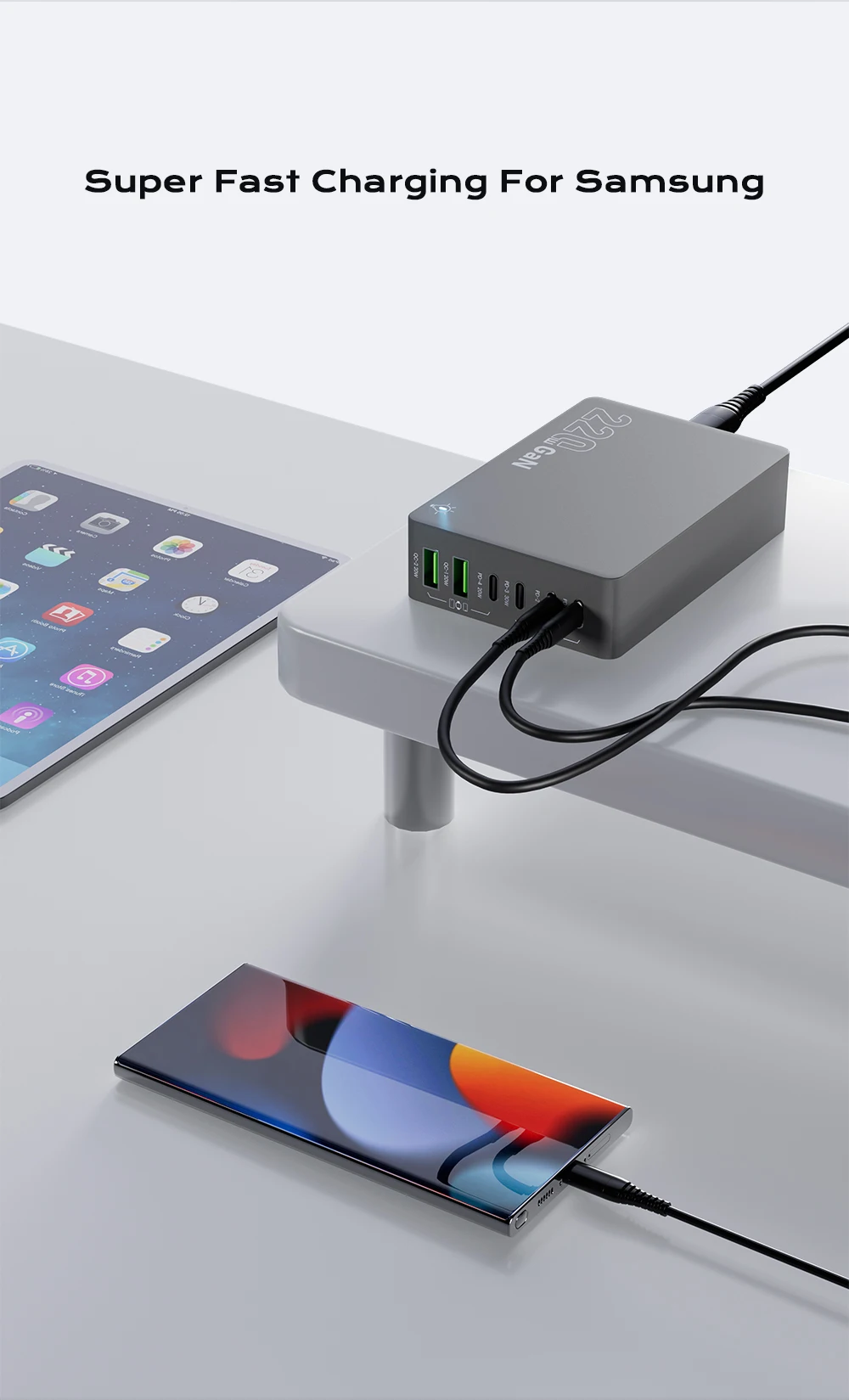 220 W GaN Desktop-Ladegerät 6-Ports PD 100 W USB Typ C QC 3.0 Schnellladestation für IPhone 16 Pro Tablet MacBook Samsung Laptop – Detail 5