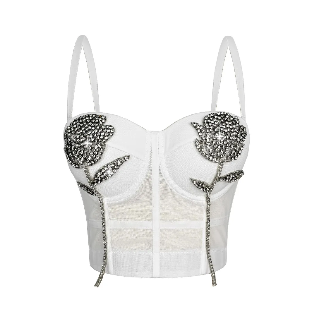 グリッターローズクリスタル刺繍入りボーン入りビスチェトップ - 女性用セクシーなレースアップコルセットベスト、パーティーウェアプッシュアップブラ