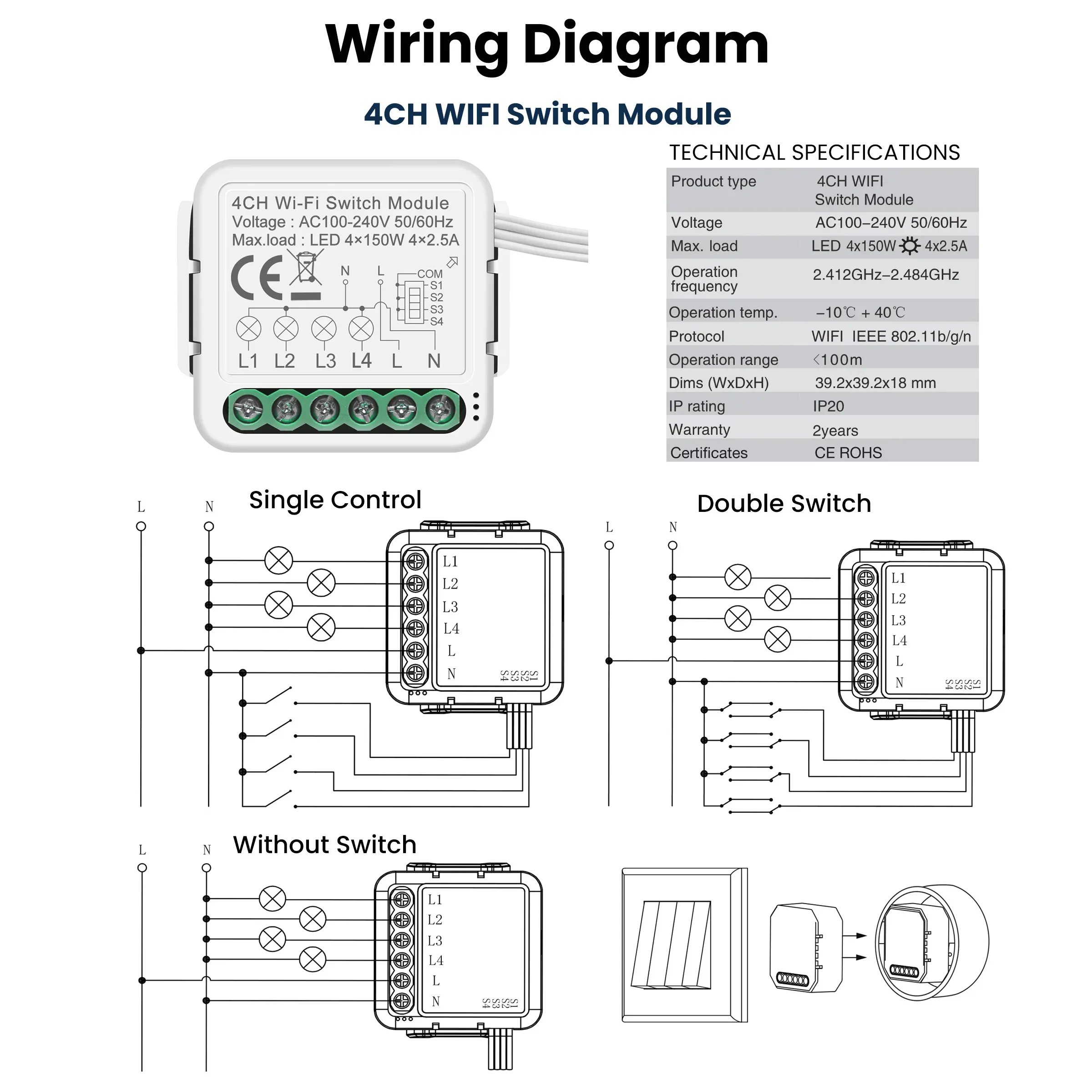 GIRIER Tuya Smart Switch Module WiFi Light Breaker 100-240V Supports 2-way Control for Home Automation Support Alexa Hey Gooigle
