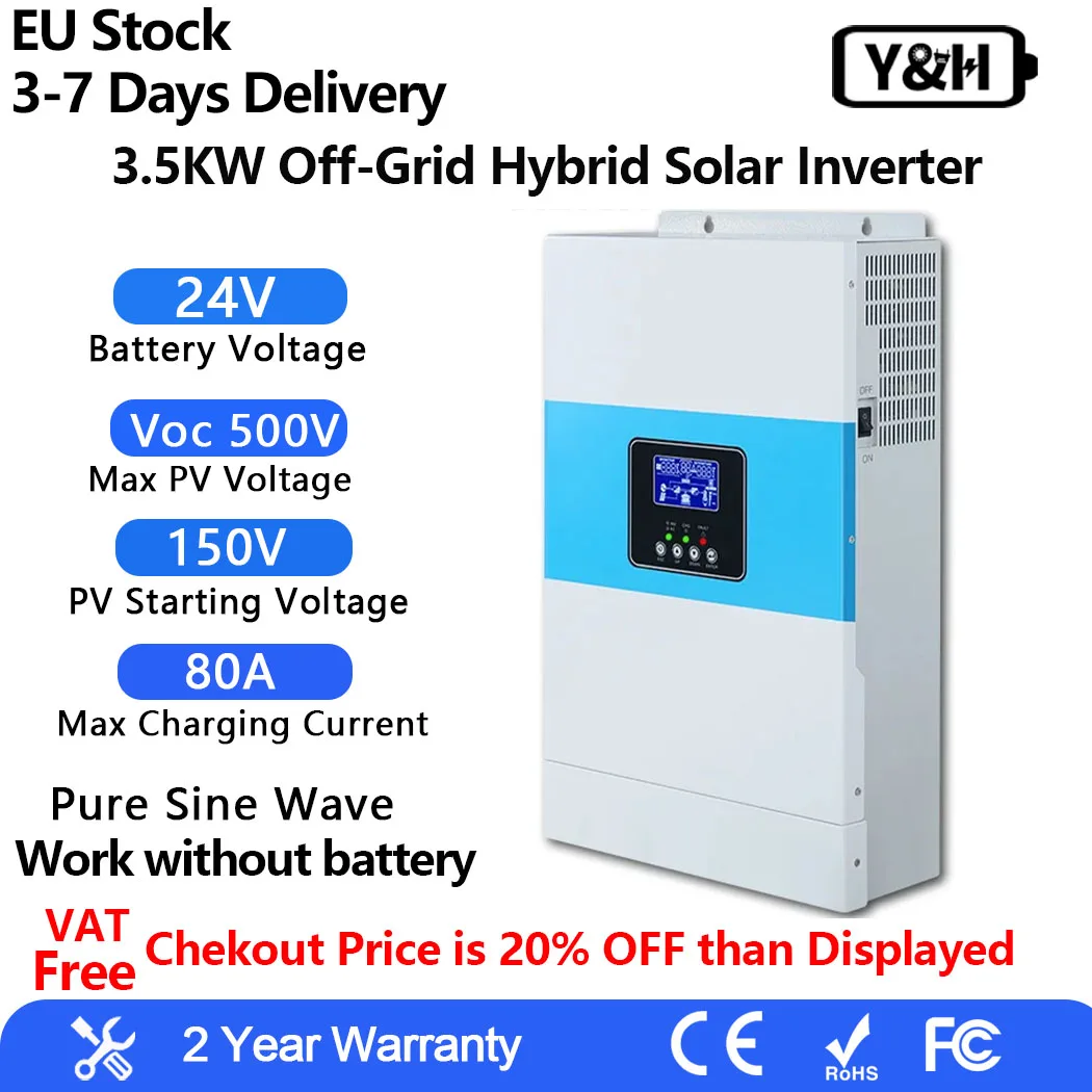 Y&H 3500W Hybrid Solar Inverter 24VDC 220VAC 80A MPPT Solar Charger Max 500VDC PV Input Pure Sine Wave Inverter