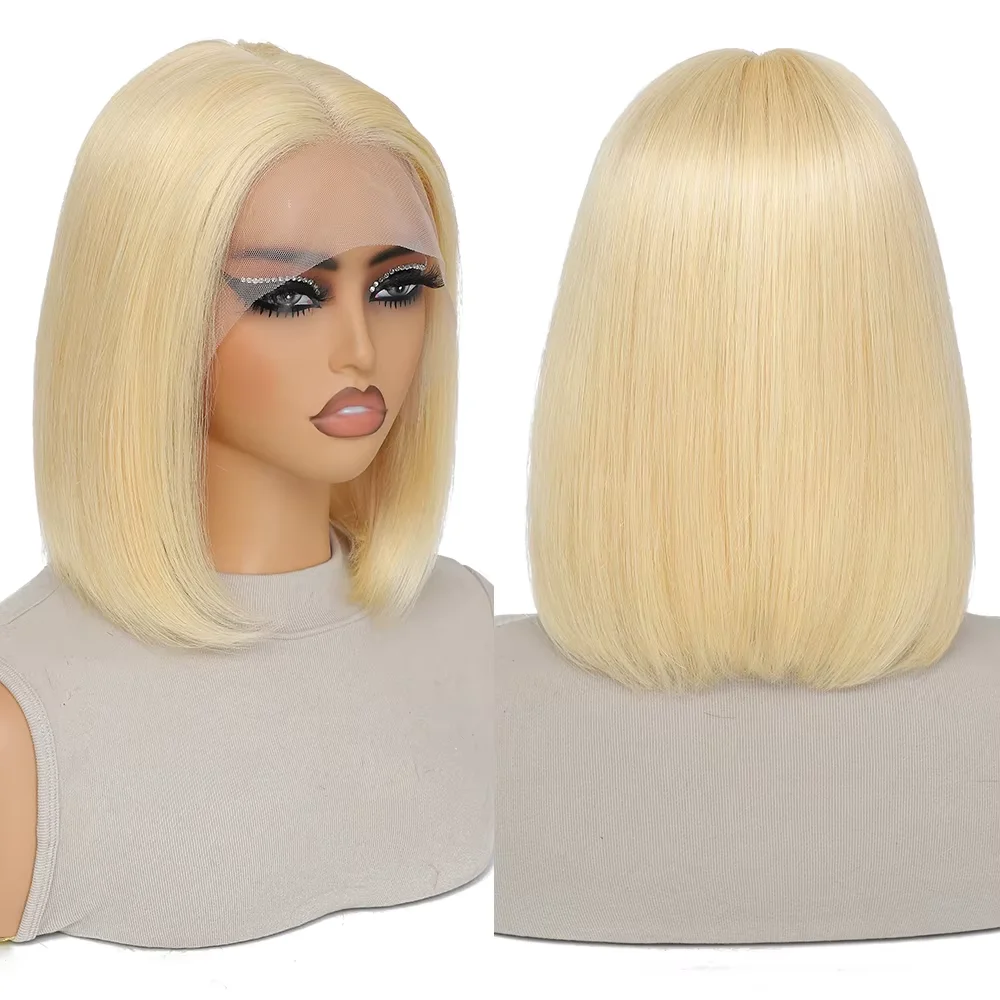 613 em linha reta curto cabelo humano bob peruca 5x5 perucas dianteiras do laço transparente 200 densidade loira bob peruca pré arrancado nós descorados