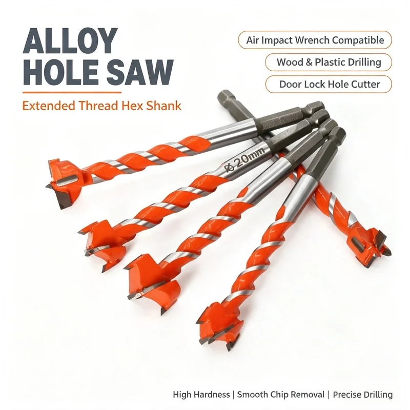 Alloy Hole Saw, Extended Thread Hex Shank, for Air Impact Wrench, Drill Bit for Wooden Door Lock, Plastic & Wood Board Drilling