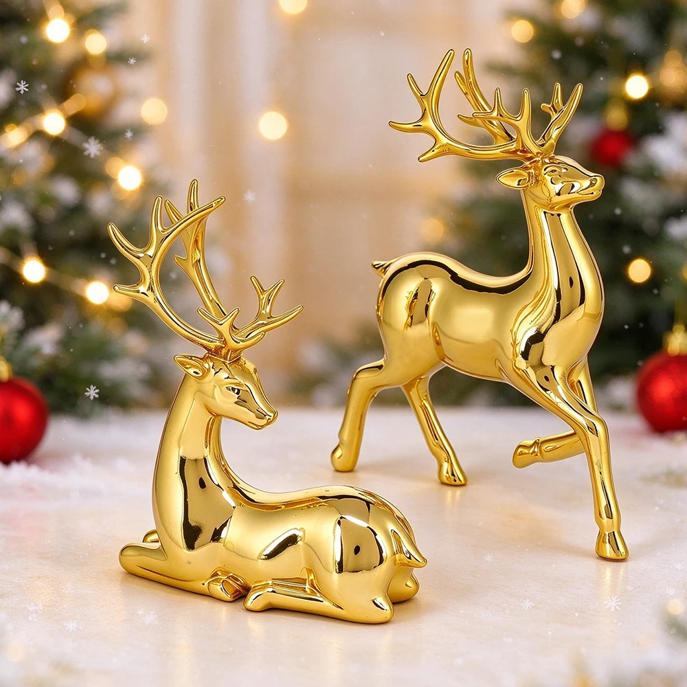 Christmas Reindeer Decor 2 Pcs - Adorable Resin Deer Figurines for Holiday Home Decor, Standing Sitting Statue Gift Christmas