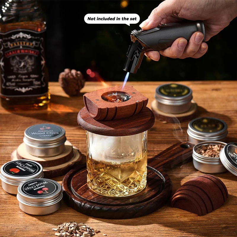 طقم مدخن الكوكتيل مع التفاح الكرز البلوط البقان رقائق الخشب ويسكي خشبية المدخن الخشب هود المدخن لشريط المشروبات أدوات المطبخ #1