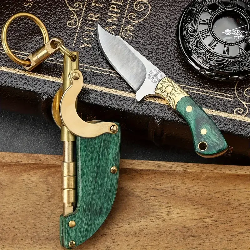 1PC Wooden handle manual knife, fruit small knife, barbecue, hand-held meat small knife, keychain pendant knife, self-defense