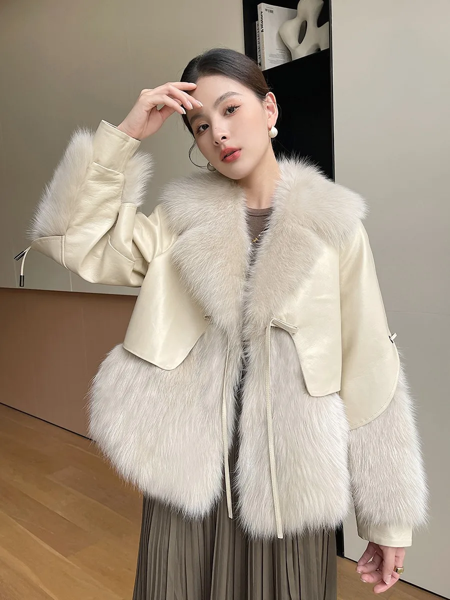 

Coat Women's Solid Color Fashion Loose Long Sleeve High-End Fox Fur Stitching Sheepskin Thickened Warm down Feather Liner Winter