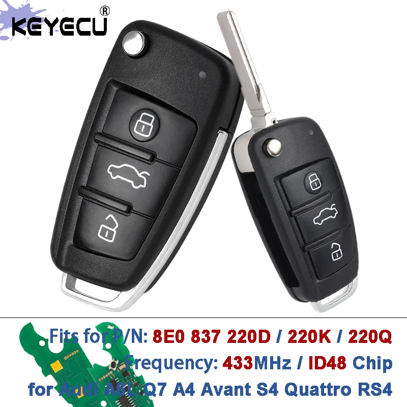 KEYECU 433MHz ID48 Chip 8E0 837 220 Q / 8E0 837 220 K / D Flip Remote Key Fob for Audi A6L Q7 A4 Avant S4 Quattro RS4 2005-2009