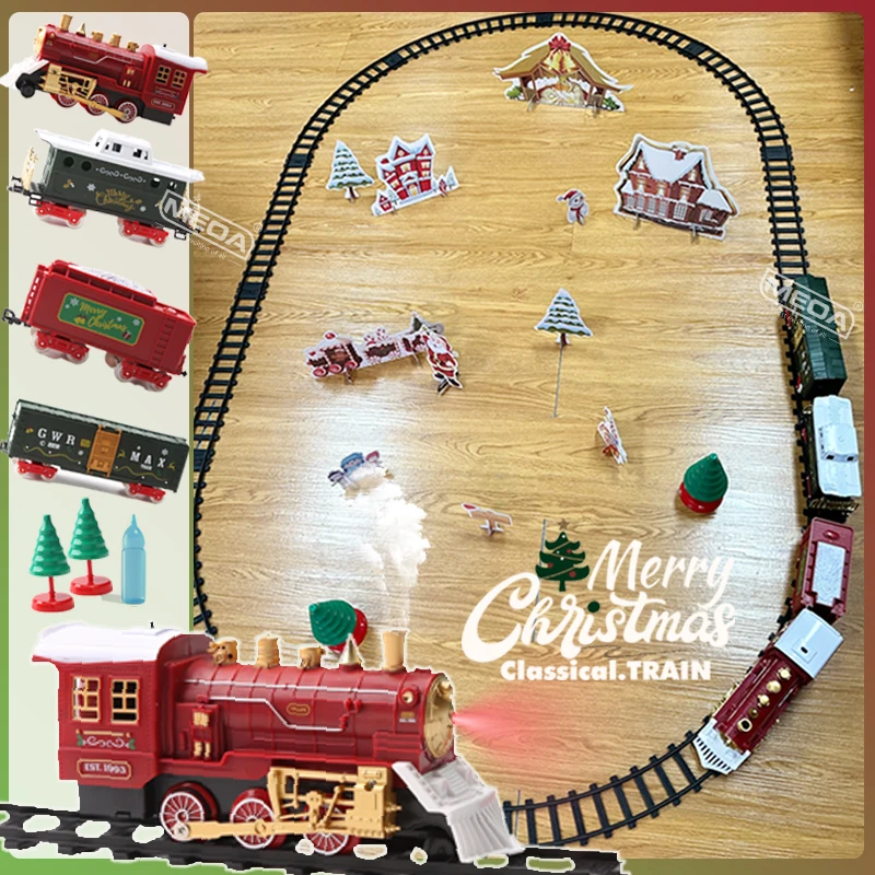 Battery Powered Christmas Electric Trains Toy with Light&Sound Kids Engineering Car Xmas Railway Track Vehicle Birthday Gift