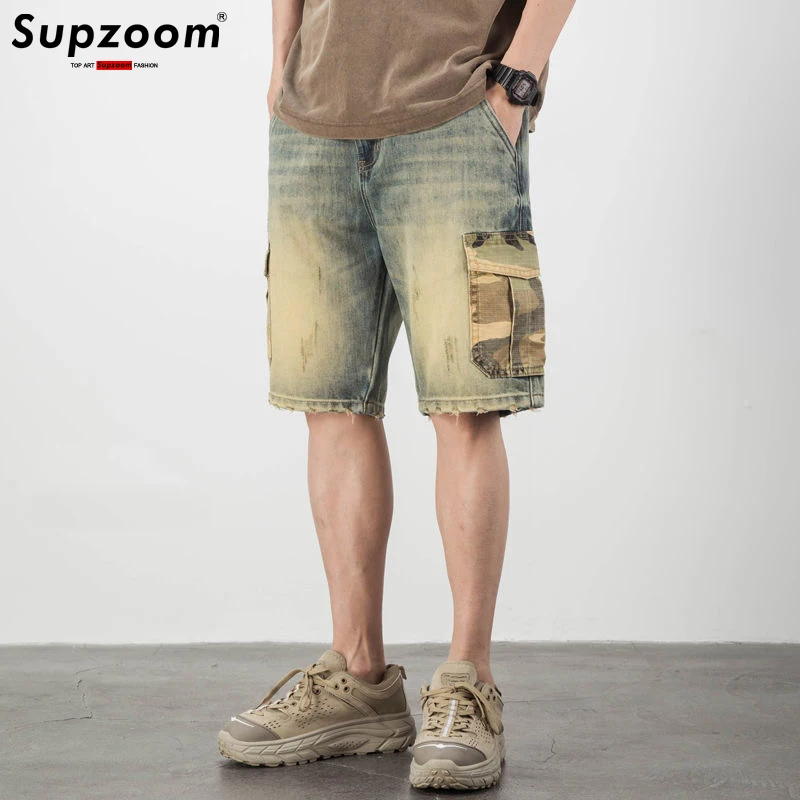 

Supzoom New Arrival Hot Sale Summer Loose Patchwork Trendy Youth Casual Cargo Retro Camouflage Pocket Denim Shorts Men