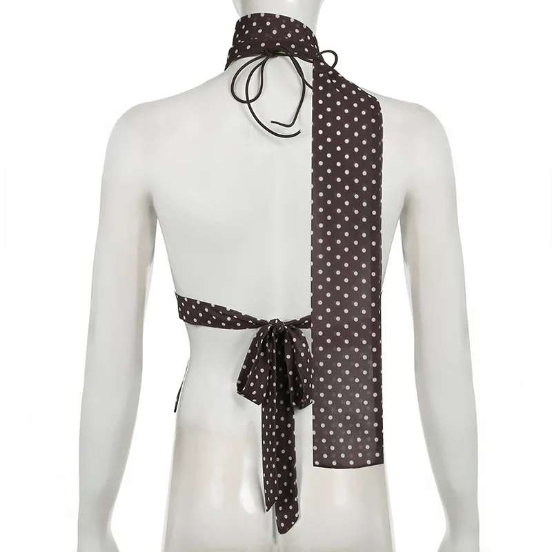 Sommer Y2K Damen Polka Dot Print ärmellose Weste Vintage Camisole mit Spaghettiträger Schal Streetwear Top – Detail 11