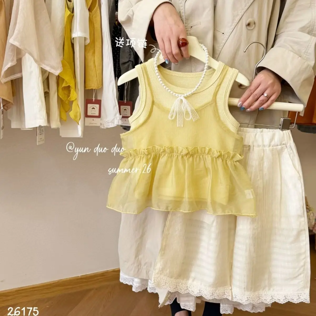 

Girls' 2026 vest new summer outfit children's sleeveless set, top lace two-piece set thin design