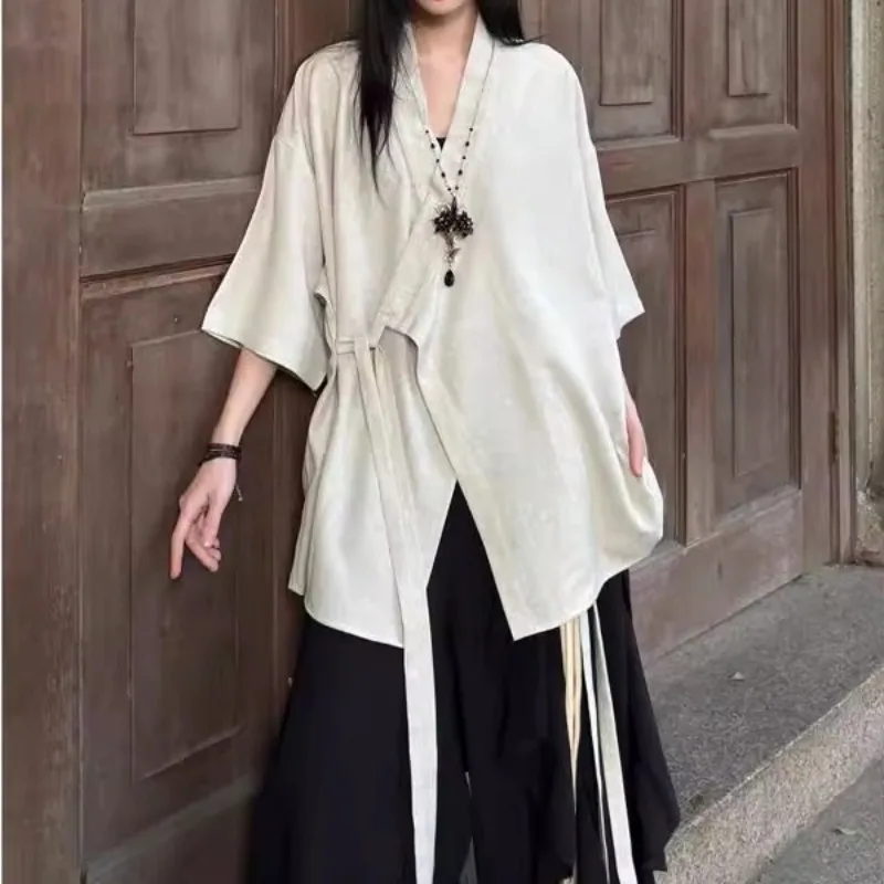 

Japanese YY Designer Women's Shirt 3/4 Sleeve Fashion Casual Streetwear Taoist Robe Shirt Asymmetric Top Zen Style