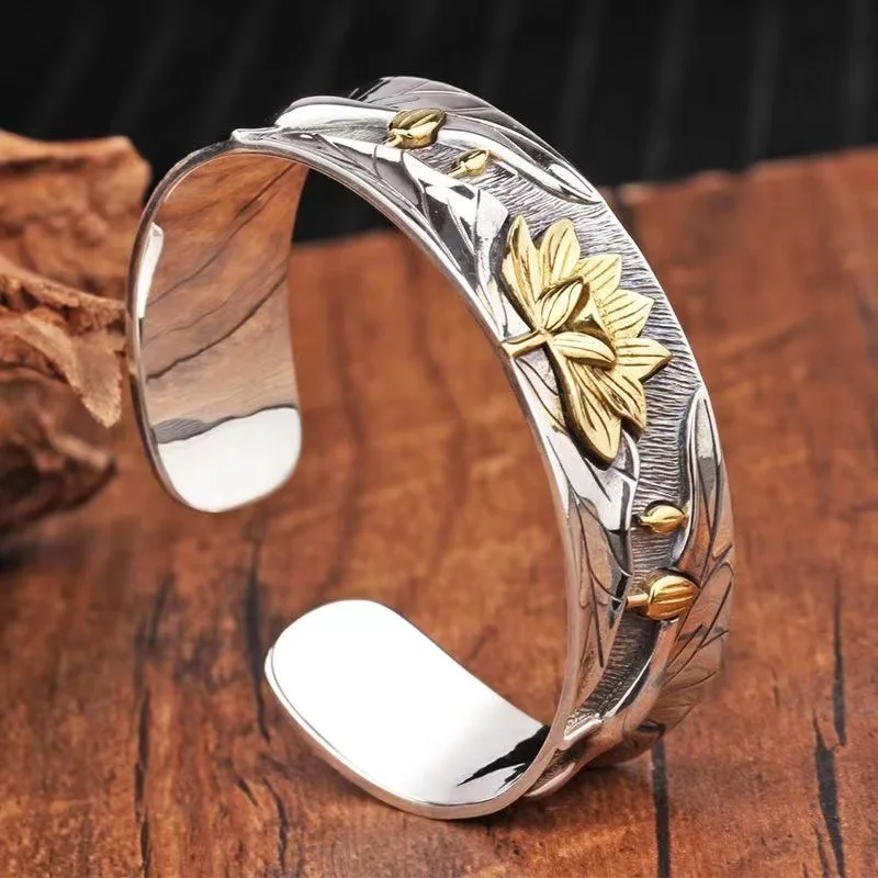 Elegant Wide Open‑Cuff Bracelet, Vintage Embossed Lotus Bangle, Fashion Women Wrist Ornament for Casual and Party Occasions