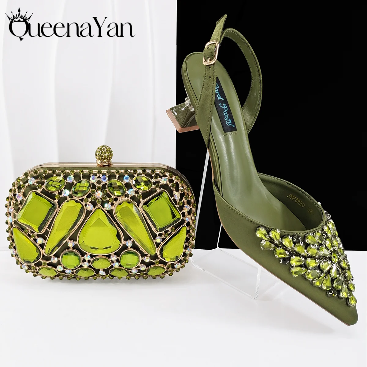 

Queena Yan 2025 Elegant Rhinestone Pointed Toe Pumps With Matching Bag Set Large Size shoes Big Bag for Women's Party High Heels