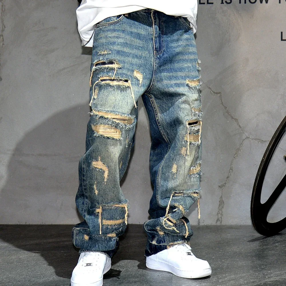 Men Ripped Baggy Jeans Distressed Denim Streetwear Skateboard Pants Straight Leg Patchwork Oversized Urban Fashion Workwear M986
