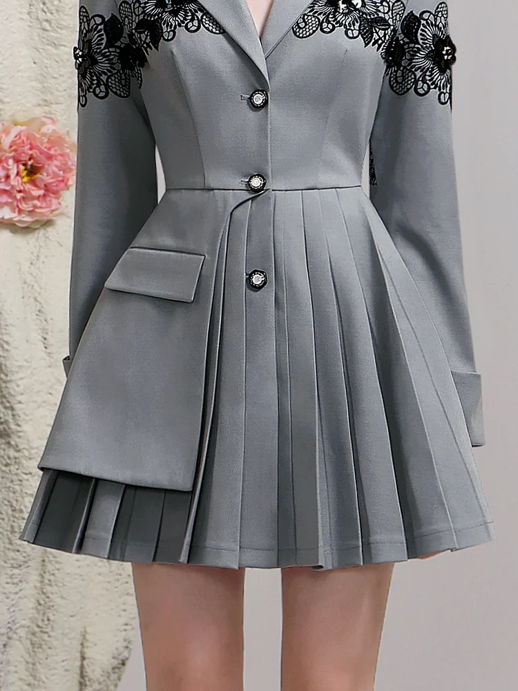 Hot Sale Gray Suit Collar Commuter Women Dresses 2024 Spring New Fashion Spike Flower Elegant Waist Slimming Dress Office Lady