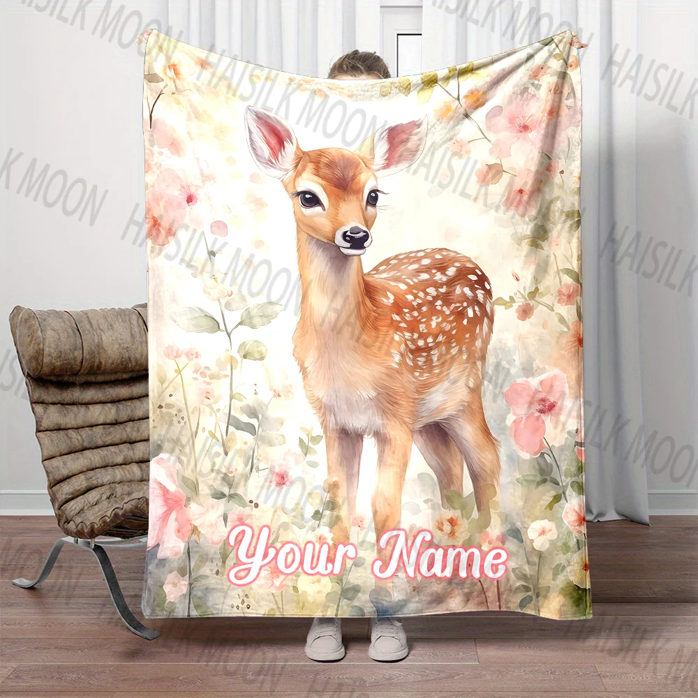 (Memo U Name) Customized Name Personalized Blanket Cartoon Deer Print Warm and Comfortable Blanket for Adults and Kids for Gifts