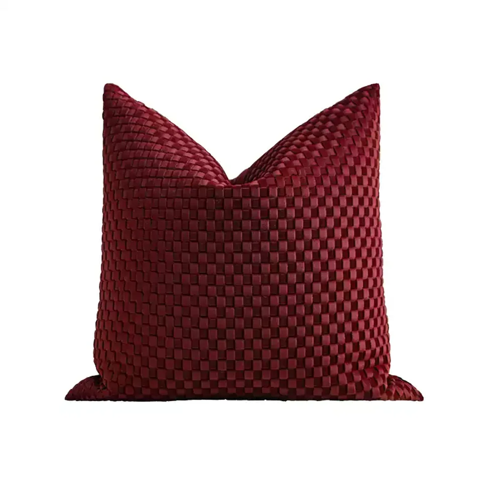 RUIYI Burgundy Woven Velvet Cushion Cases Grid Textured Square Throw Pillow Covers Retro Luxury Decorative Pillowcase 45 x 45 CM