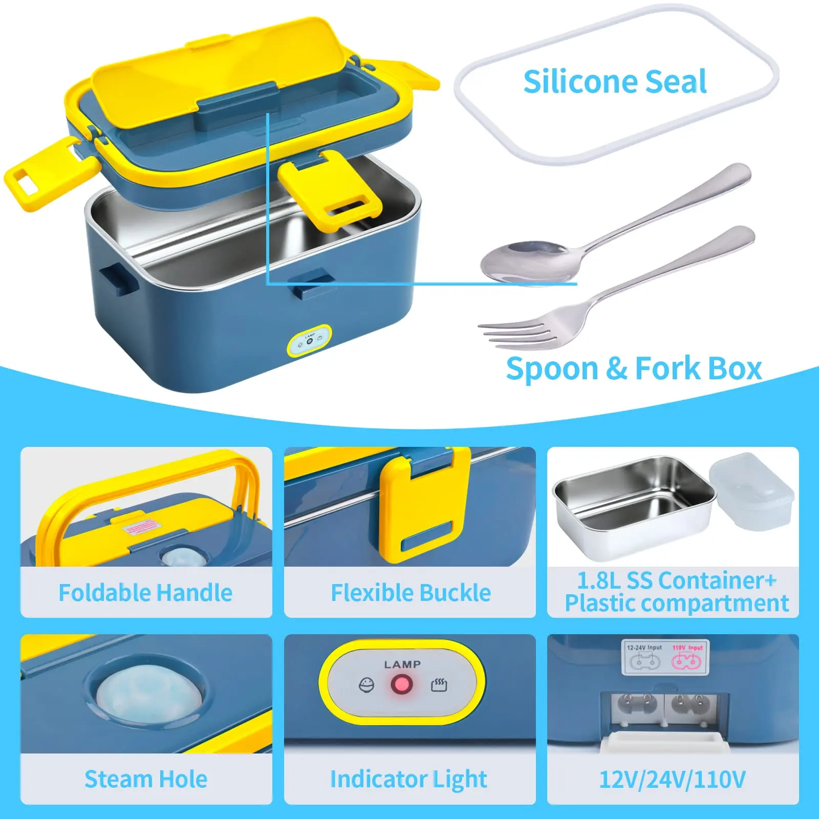 1.8-Litre Stainless Steel Electric Heating Lunch Box 12V 24V Car US EU Plug School Picnic Portable Food Warmer Container Heater