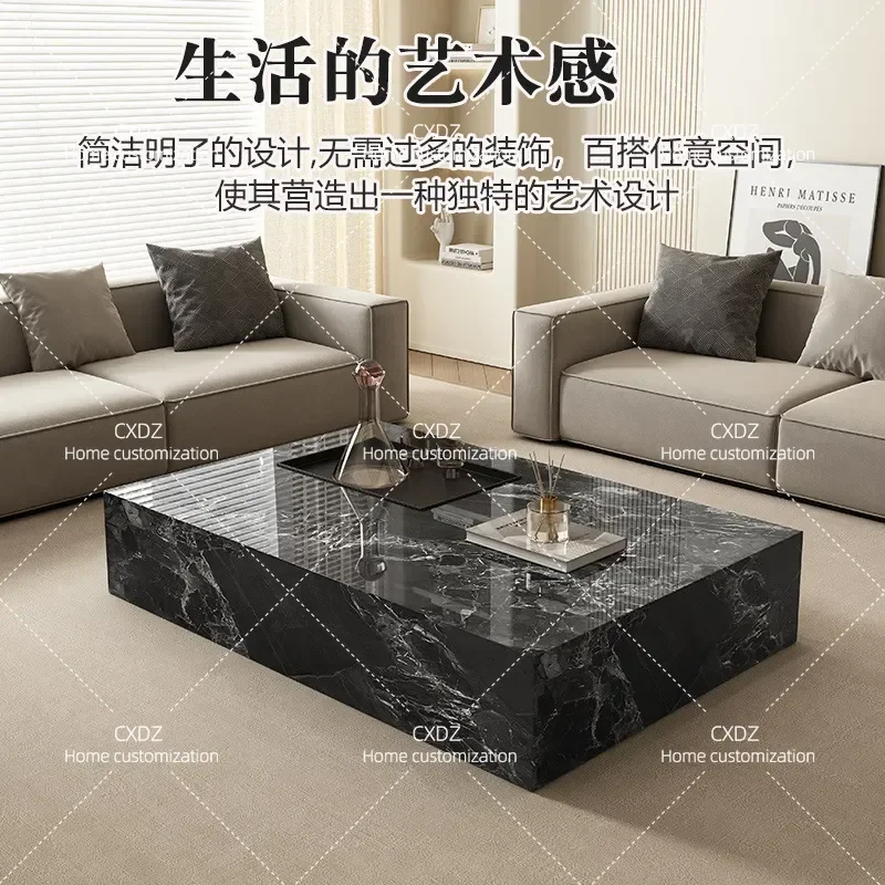 Modern Minimalist Rectangular Coffee Table with Rock Slab Top for Living Room Office Small Apartment Home Furniture Floor to