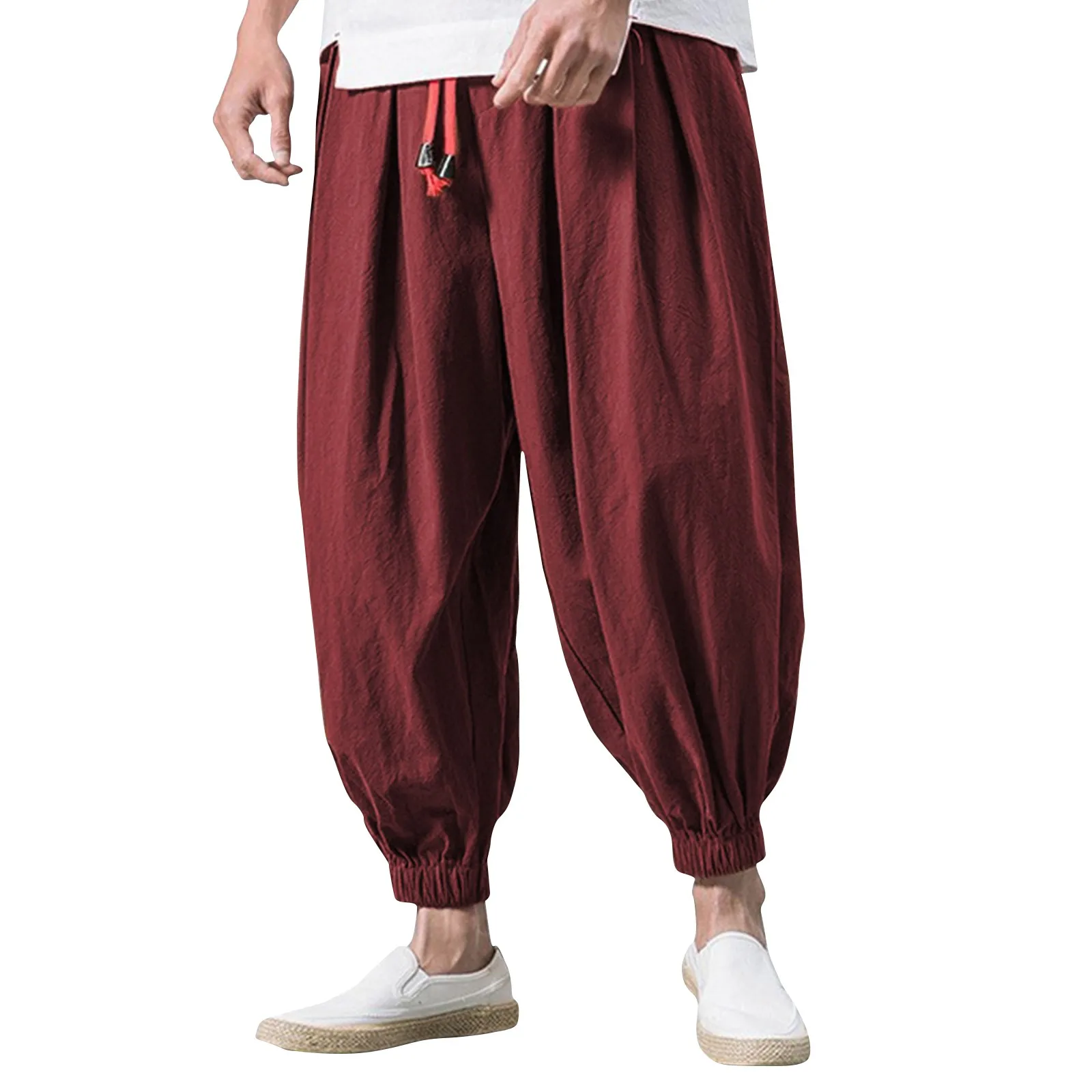 

Men'S Cotton Linen Cropped Pants Fashion Loose Wide-Legged Sports Harem Pants Plus Size Casual Drawstring Cropped Pants