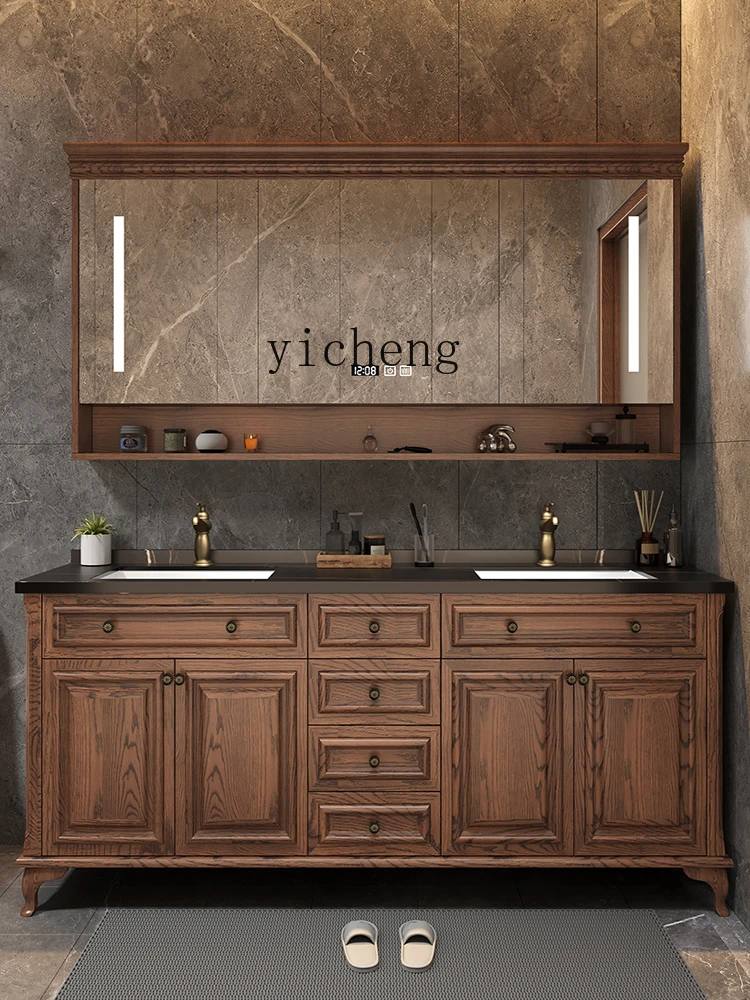 TQH rock slab bathroom cabinet combination bathroom solid wood floor-to-ceiling smart wash basin double basin