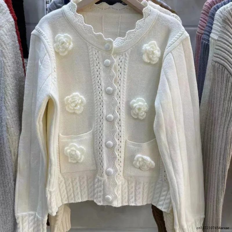 Winter Cardigan Women Sweater Handmade 3D Flower Sweater Cardigan Women Jumper Knitting Coats Outerwear 2023