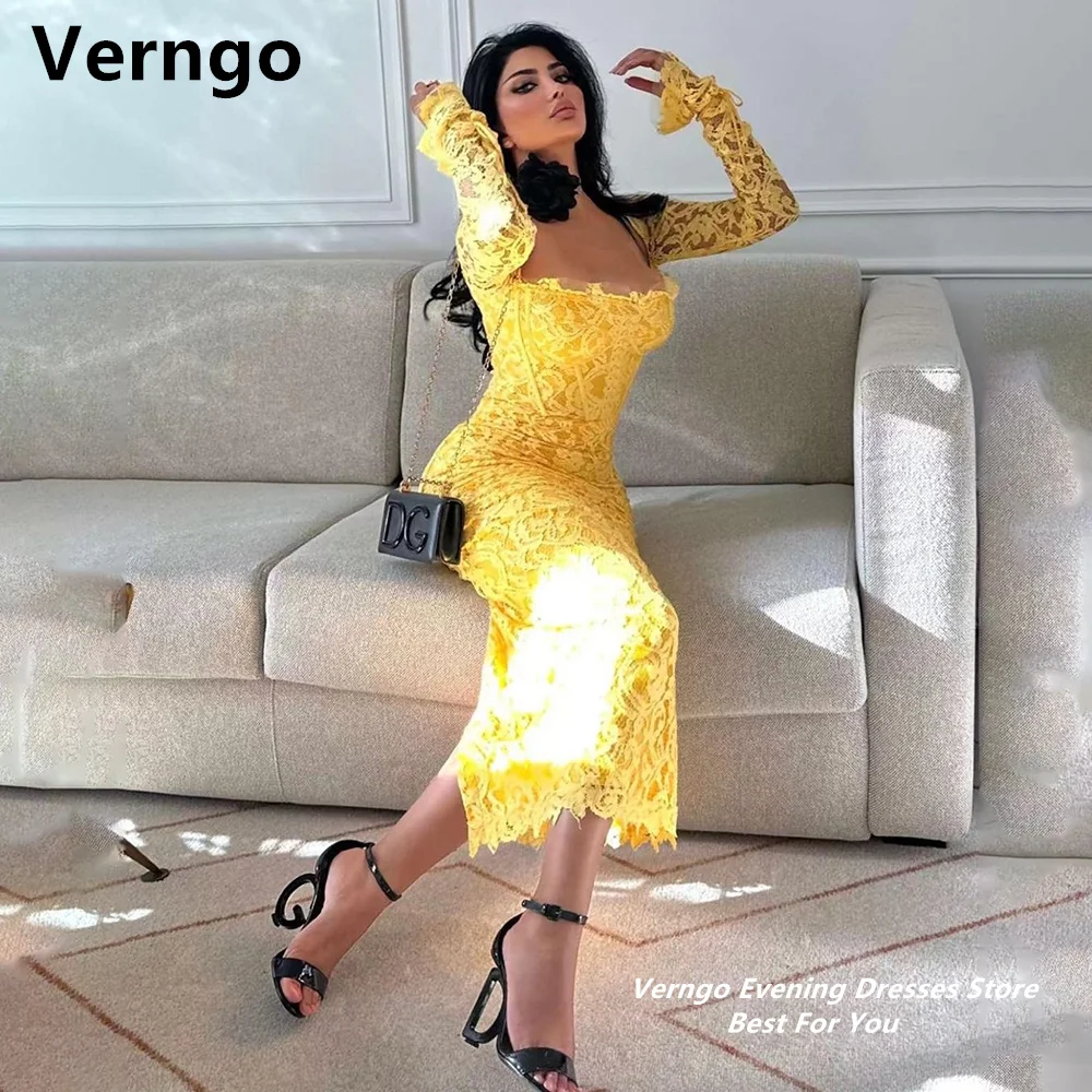 Verngo Abito da sera lungo a sirena con colletto quadrato a maniche lunghe giallo Abito da ballo sexy in pizzo Abito arabo Occasioni formali