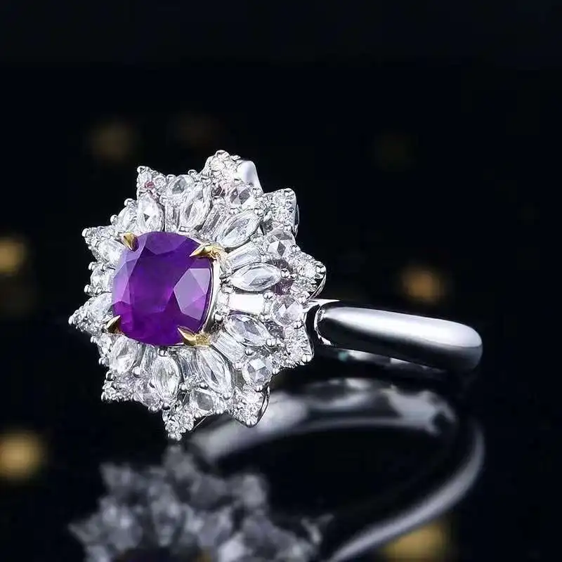 SGARIT Gemstone Jewelry 18K White Gold 1.52CT Natural Unheated Purple Sapphire Ring GUILD Certified Genuine Gemstone Ring