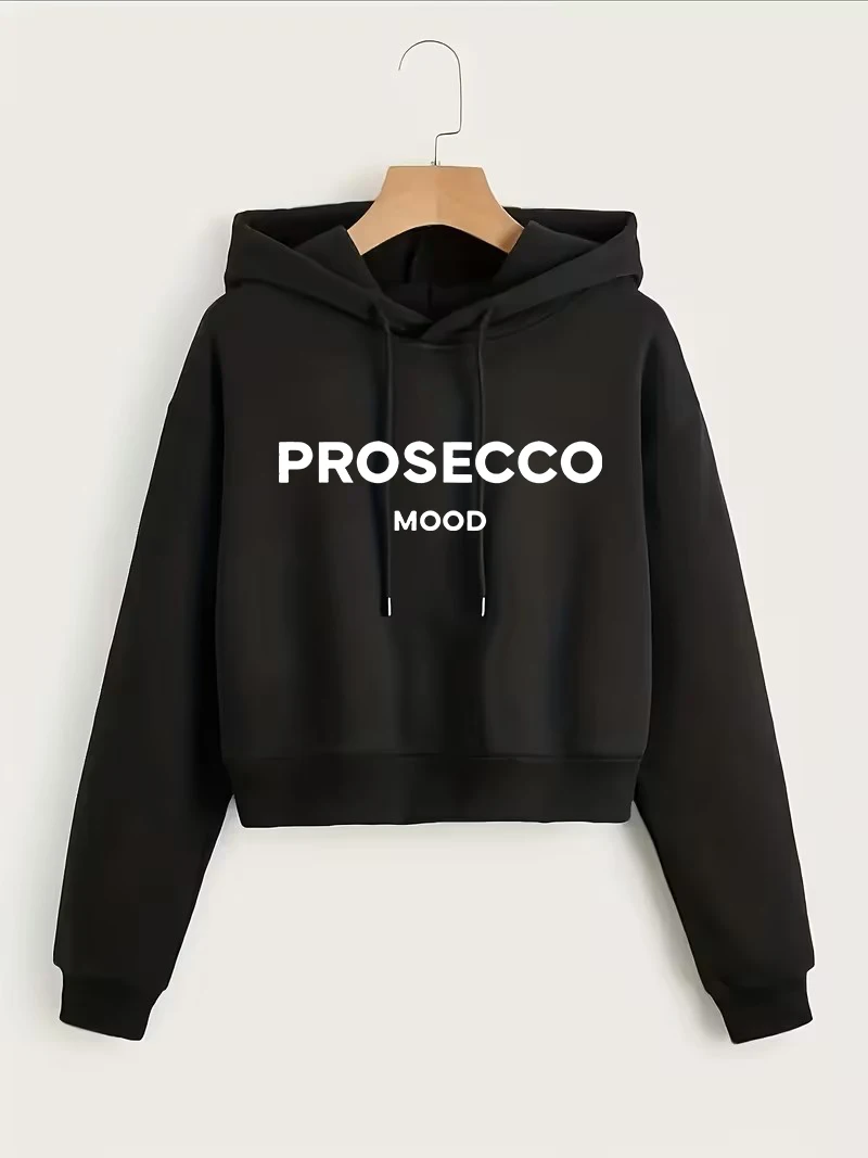 Sudadera Corta con Estampado de Letras Prosecco Mood, Sudadera con Capucha Corta para Otoño e Invierno, Sudadera Y2K, Ropa de Estilo Gótico Informal
