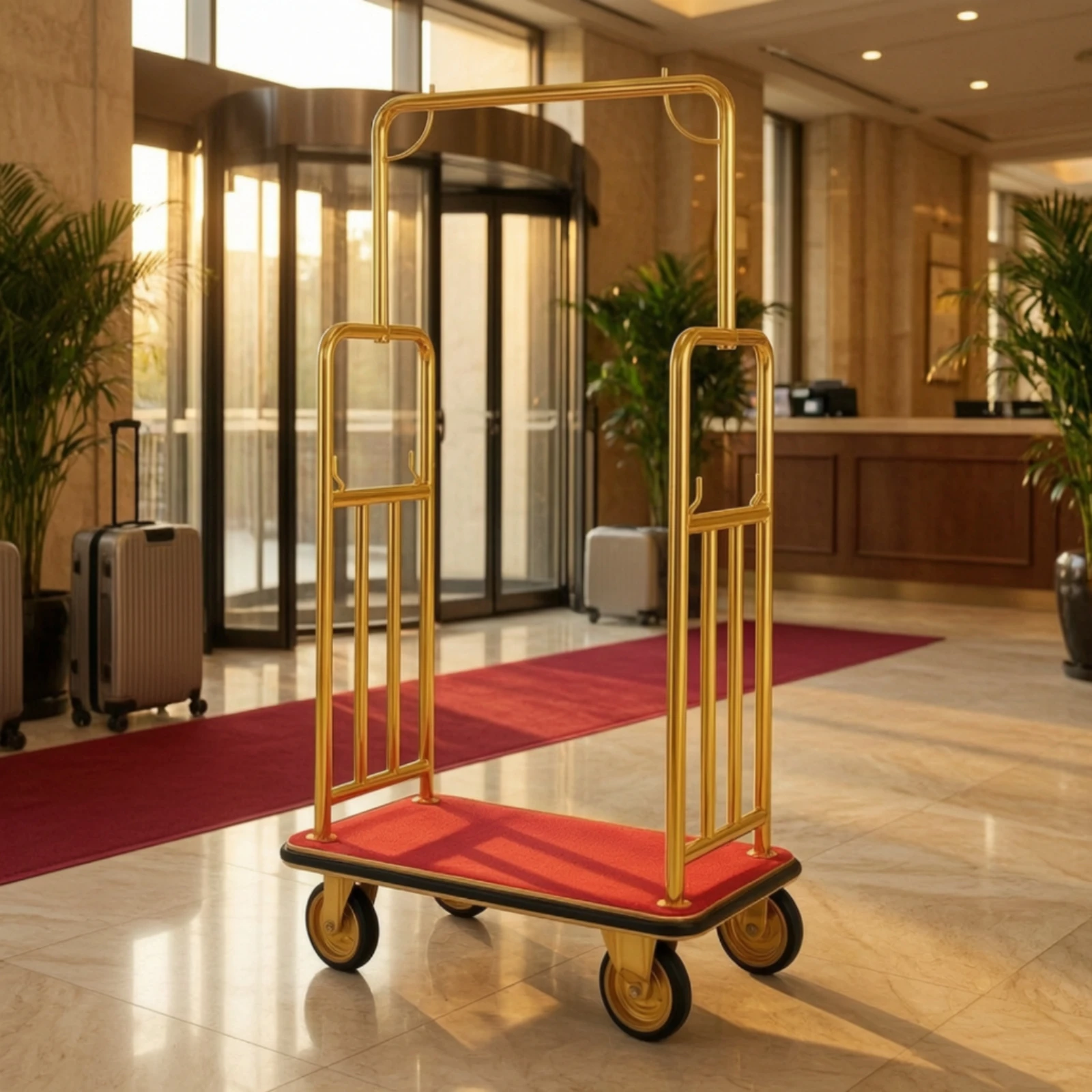 Hotel Luggage Cart Gold-Toned Bellman Cart Luggage Trolley Heavy-Duty Carrier Polished for Hotels, Lobby, Reception Areas