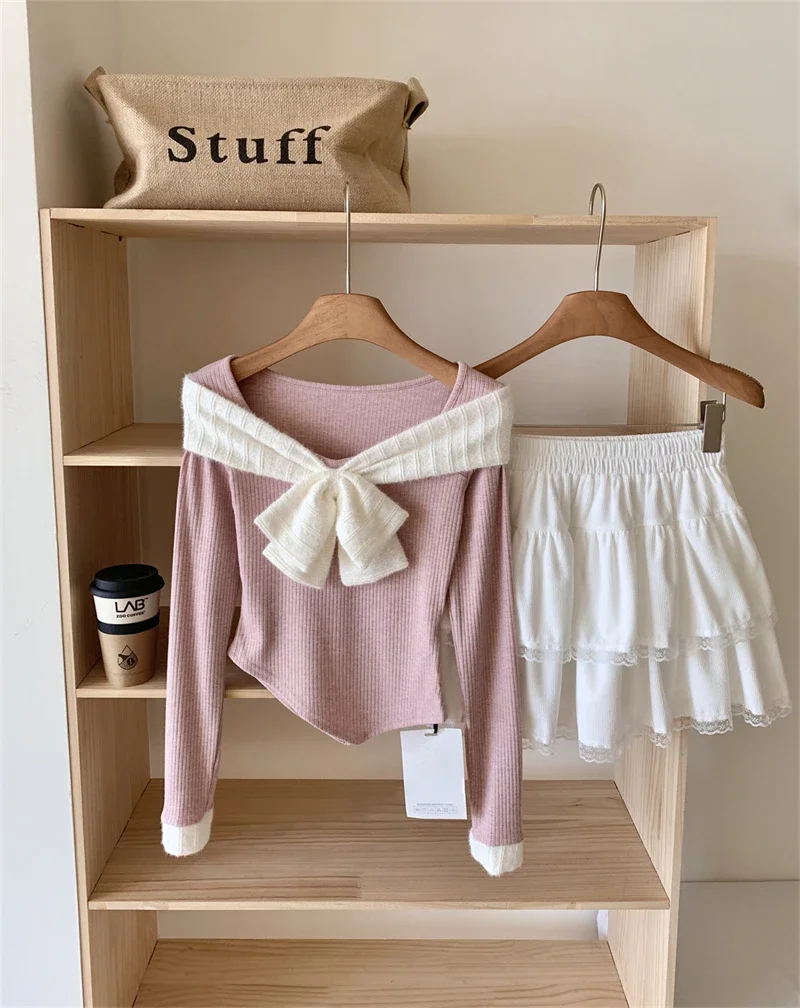 Women Skirt Sets 90s Vintage Long Sleeve Bow T-shirt with A-Line Mini Lace Skirts Y2k Elegant Two Piece Suit 2000s Clothes 2024